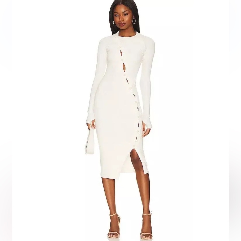 ALIX NYC Ribbed Pearson Midi Dress Ivory Long Sleeve Fitted Bodycon XS NWOT